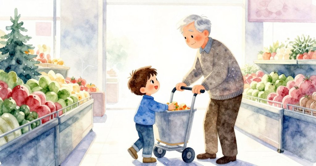 埃弗雷特推著手推車進入蔬果區，身影清晰，祖父在旁細看袋子，場景充滿明亮溫暖光線