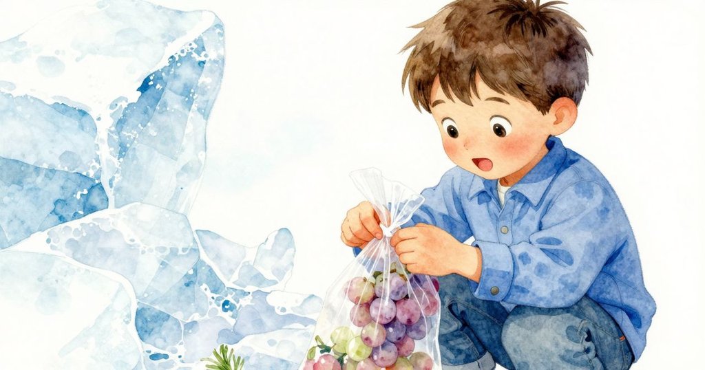 埃弗雷特小心翼翼地將一串葡萄放入塑料袋中，手部動作細膩，袋子開始下垂，背景呈現市場氣氛