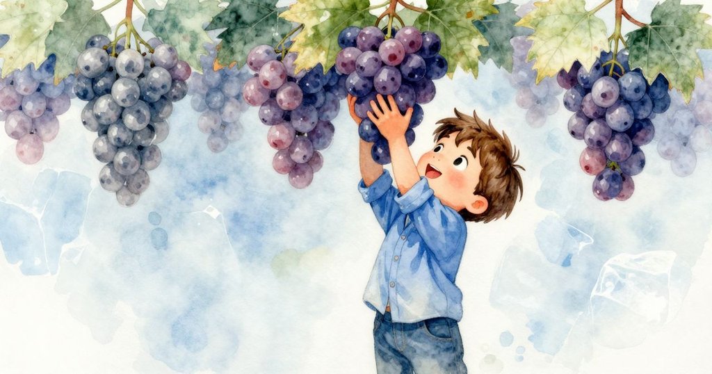 從低角度觀看，埃弗雷特舉著大串葡萄，表情專注，背景中展示了秤台和擺放整齊的蔬果托盤