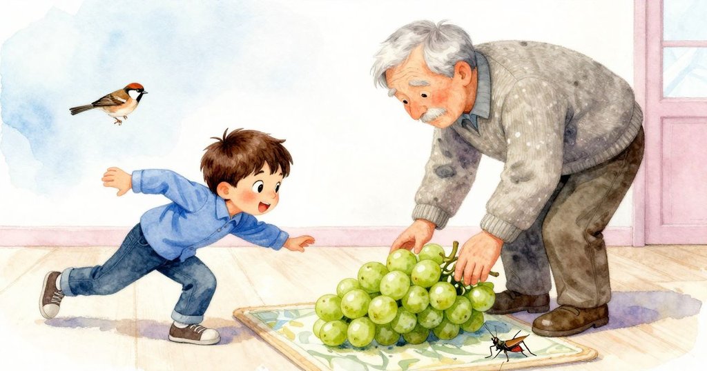 一顆葡萄從墊子上彈出並滾動，麻雀急速追逐，同時蟋蟀躍上觸控屏，觸發紅色標籤打印機，場面生動