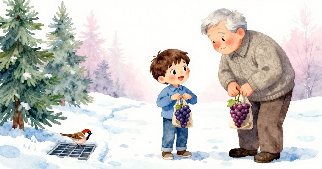 埃弗雷特與祖父滿意地站在蔬果區，正確標籤打印出來，麻雀輕輕推動一顆流浪的葡萄，象徵著前方的新希望