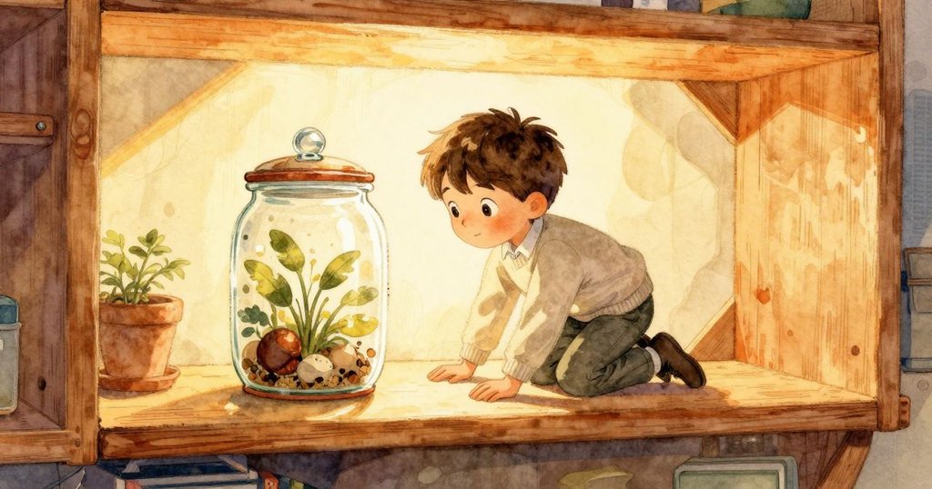 巴雷特在陽光下將玻璃罐輕推至窗邊，房間內充滿溫暖光線，情緒期待中展開故事序章