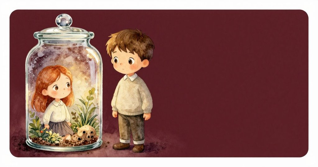 玻璃罐上凝露閃爍，靜謐房間內只有空曠背景，營造出神秘等待的氛圍