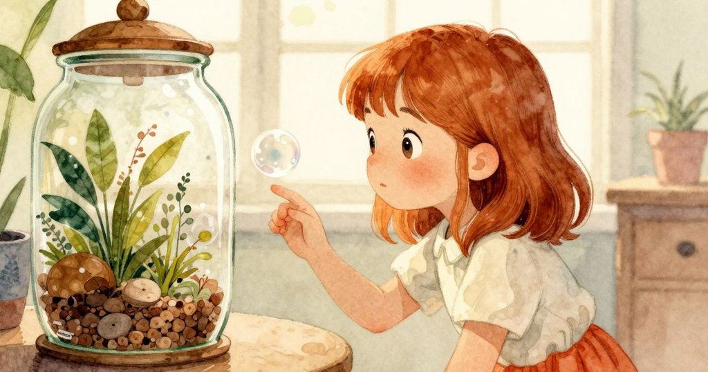 哈蒂從背後凝視玻璃罐，目光專注於細緻氣泡，房間內暖光彌漫，展現好奇與期待