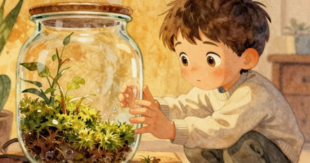 巴雷特輕推玻璃罐，瞬間水珠脫落於苔蘚上，展現微妙發現與轉變，情緒溫柔且動人