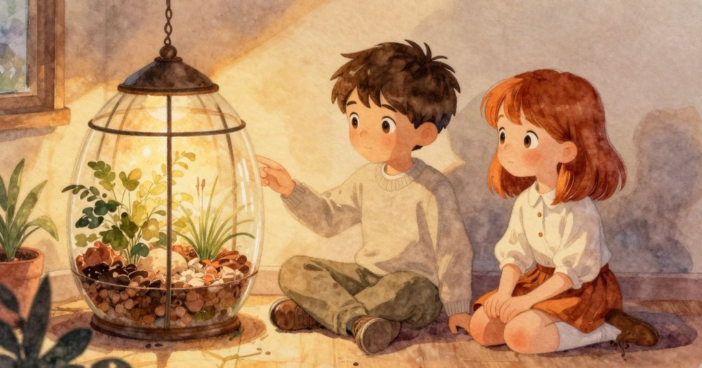 巴雷特與哈蒂安靜守望玻璃罐，柔和燈光中展現微小蕨葉顫動，共享寧靜與溫馨的結局