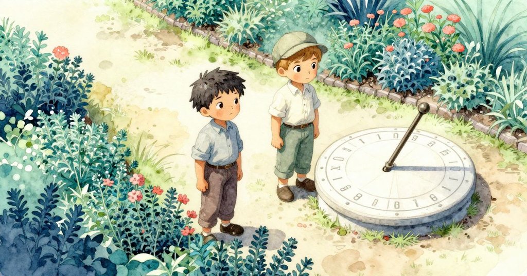 哈德利與約克在陽光花園中忙碌作業，鳥瞰視角展現日晷、百里香與薰衣草花圃，充滿生機與希望