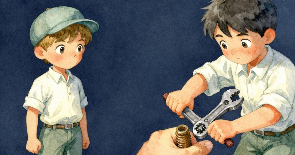 哈德利的手專注地使用扳手按壓青銅螺栓，近距離捕捉金屬與石板細節，展現努力與細膩工藝