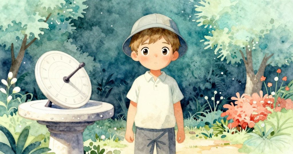 在柔和色調中，哈德利靜靜凝視日晷，回憶中花園顯得更為寧靜與沉思