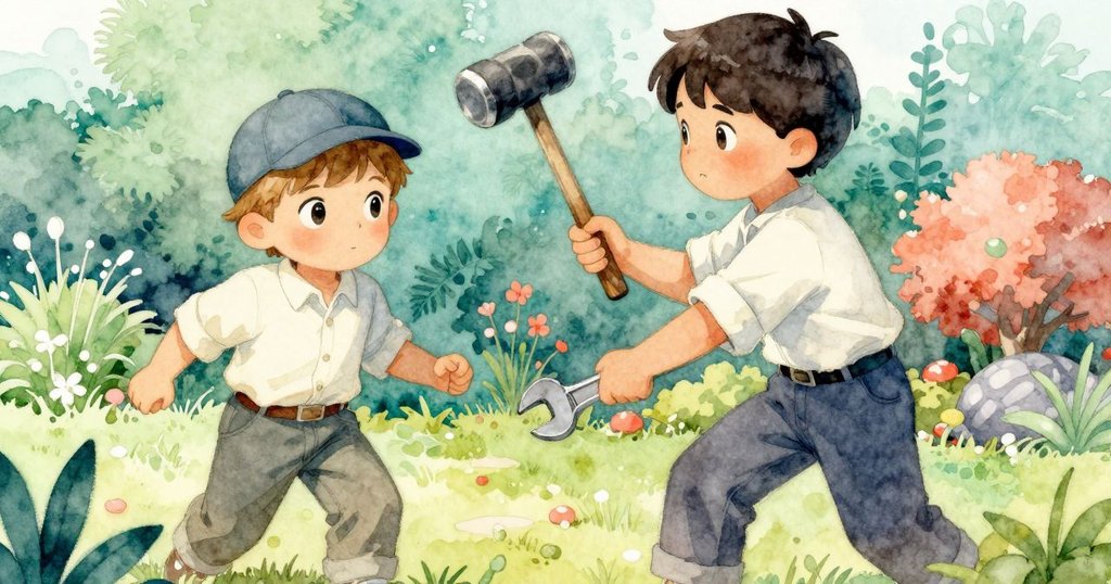 約克迅速從百里香花圃中衝出，手持木槌穩固日晷，哈德利握著扳手守候，動感場景展現合作精髓