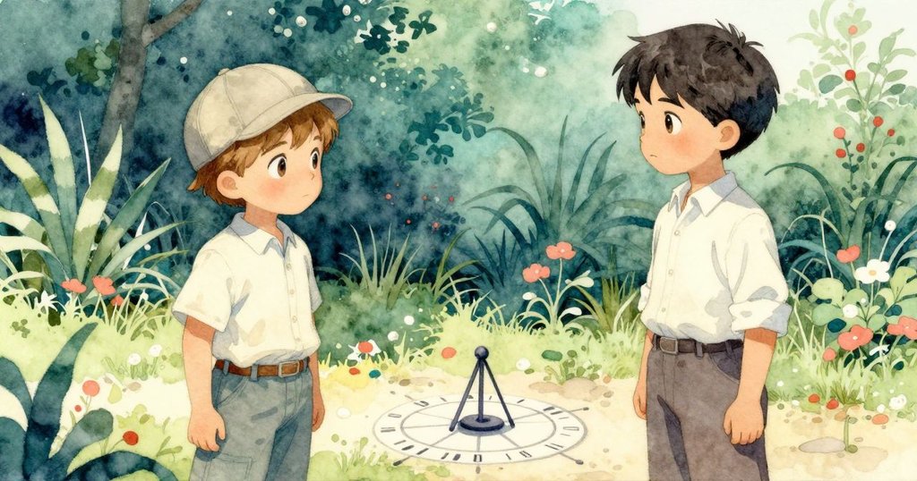 哈德利與約克滿足地對視，共同檢查指向晨草的修正日晷影子，花園暖光中流露著成功與和諧