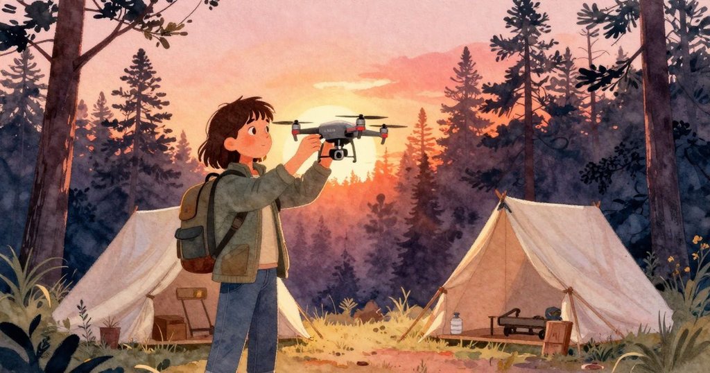 Vita在松林中於帳篷旁布置無人機設備，空氣中散發著松香，表情專注而堅定