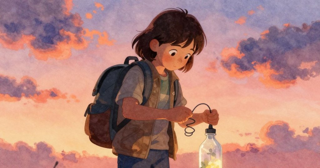 Vita在戶外調整纏繞的天線，注意到旁邊滾動的透明水瓶，光線柔和，細節豐富