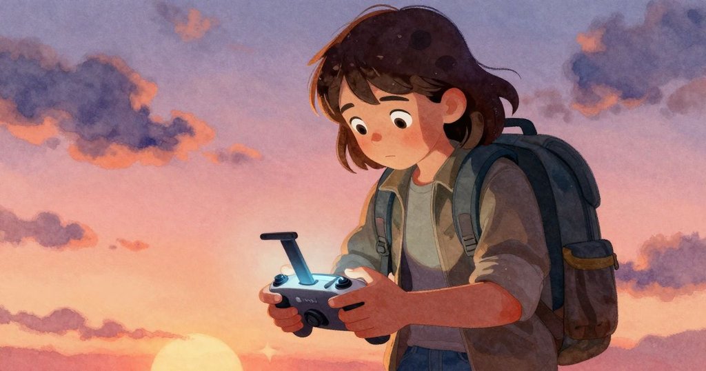 從高處俯瞰，Vita專注操作搖桿，面容透露困惑，控制器屏幕散發出微藍光芒