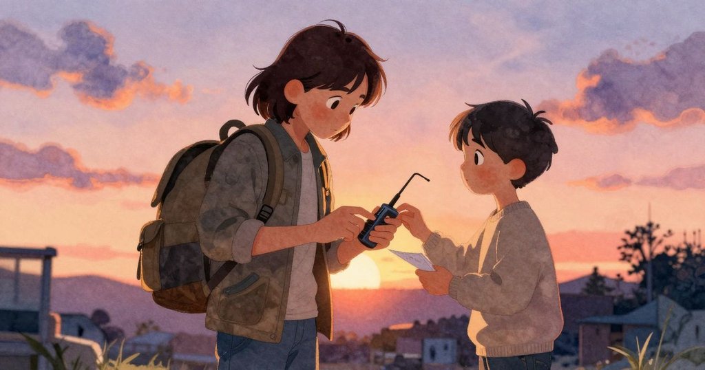 Vita回到裝置前調整設備，Hartley在旁關注，光線柔和變化，展現時間流逝與互動