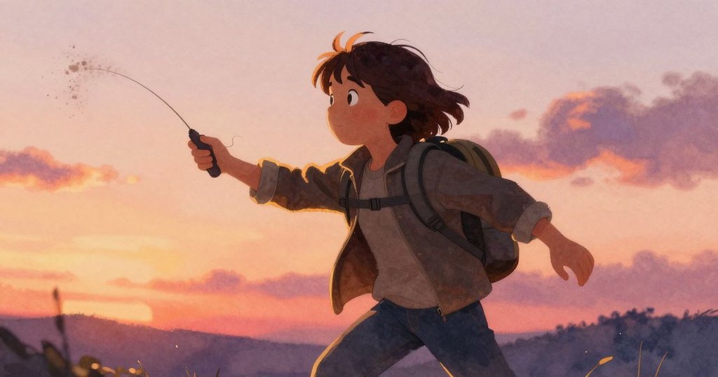 Vita快速移動中甩去纏繞天線上的灰塵，動態展現決心與果斷，背景充滿金色光影