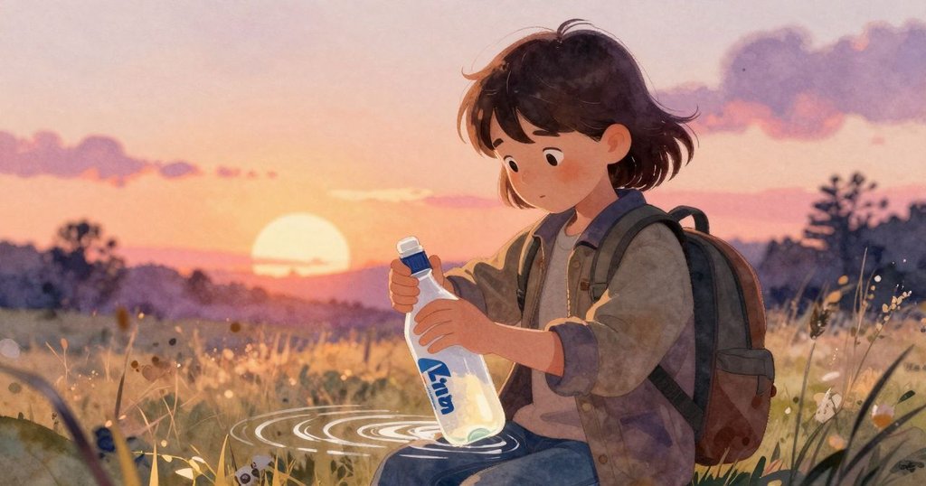 Vita輕纖地旋轉透明水瓶，水中波紋映出細膩光影，背景青草挺拔，充滿沉思與奇妙情感