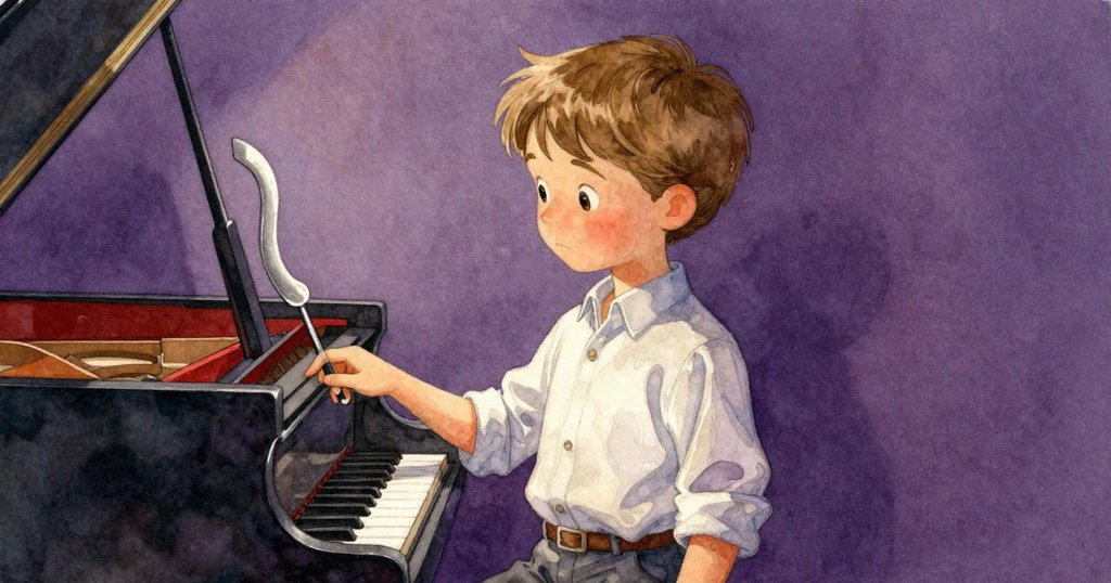 Stellan專注地檢視鋼琴蓋上的細刮痕和旁邊安放的音叉，畫面中光影柔和，充滿細緻對比