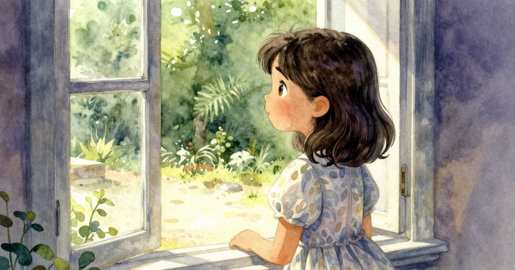 Ada站在窗邊凝望庭院與古亭，落日餘暉映照外景，她的神情溫柔且充滿好奇