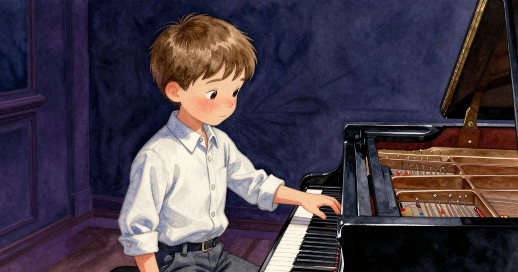 Stellan在彈奏中停下，手指輕觸鋼琴蓋上的刮痕，神情專注而沉思，充滿精確及靜謐氣氛