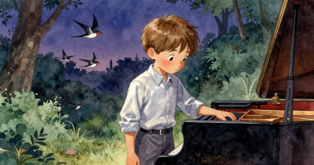 Stellan在最後音符漸隱時輕輕蓋上天鵝絨蓋，窗外燕子飛舞，畫面充滿平靜與余韻，呈現開放反思之感