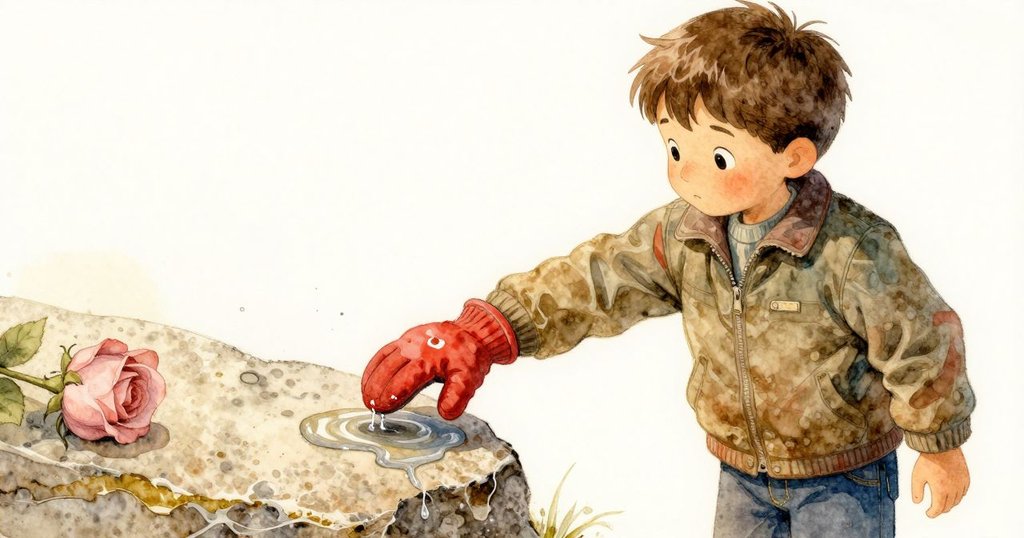 巴雷特用手指輕捏濕紅手套，仔細檢查冰融線，溫柔光線襯托石面細節。