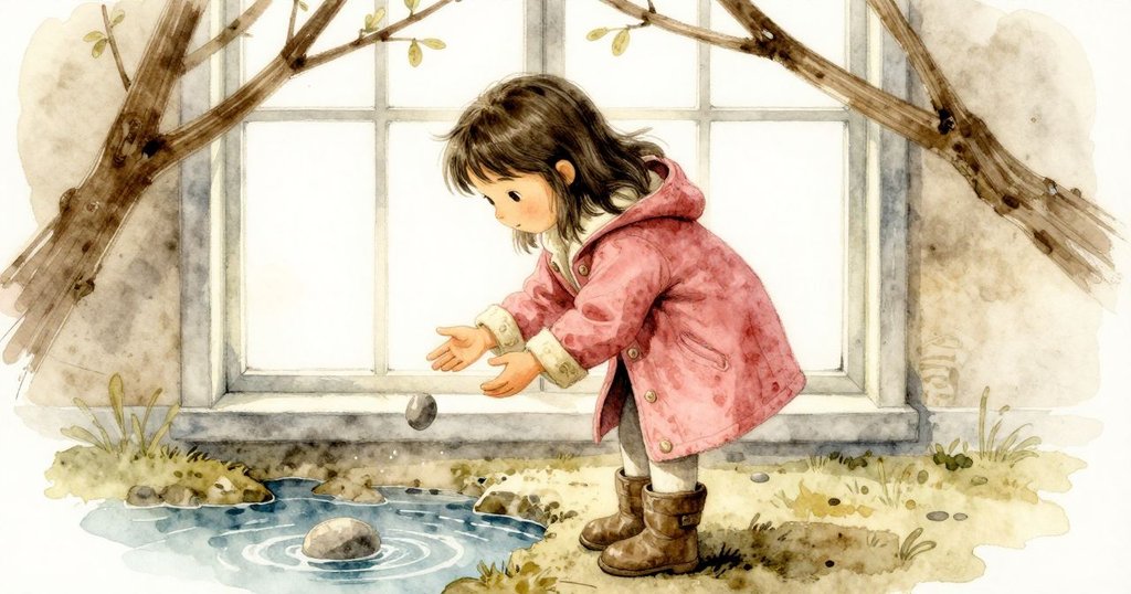 格萊妮斯專注拋石，透過樺樹枝框出水面冰裂間隙，水花四散映出融冰瞬間。