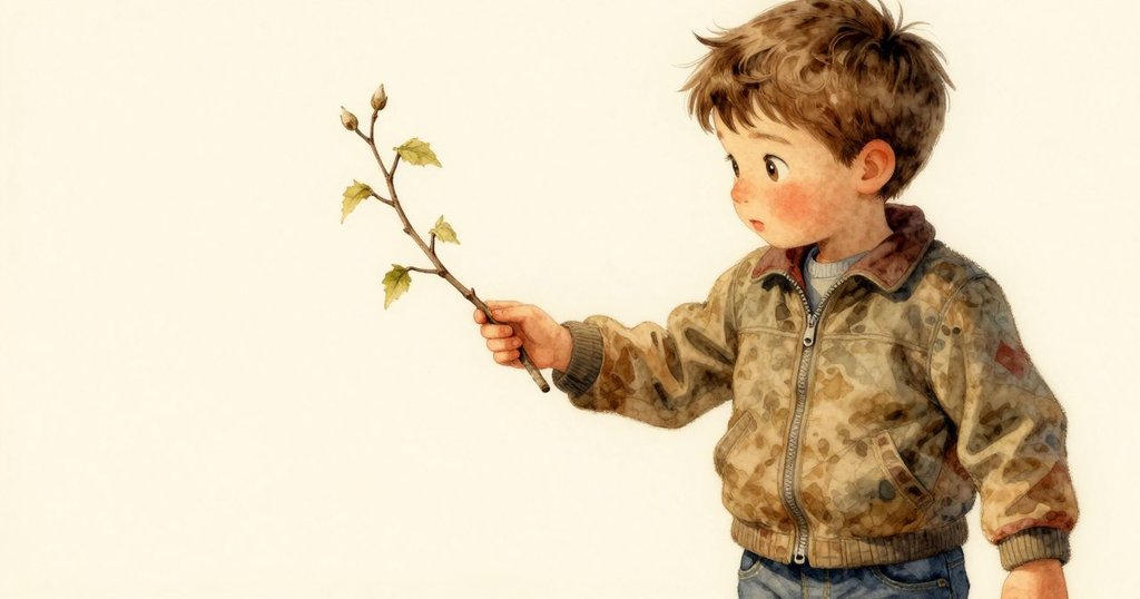 巴雷特輕輕舉起樺樹枝，驚喜於新芽蘇醒，溫暖柔光映襯自然細節。