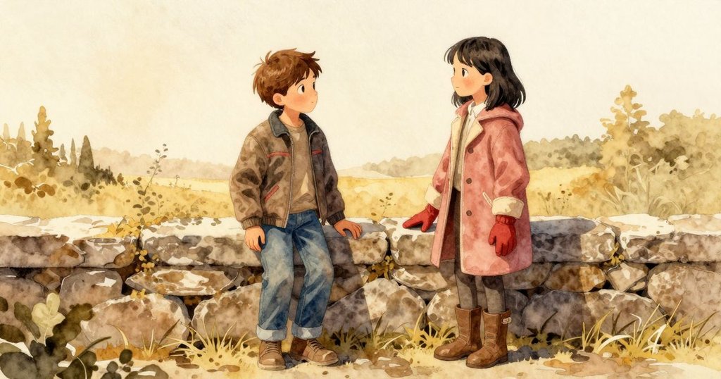 黃昏時分，巴雷特與格萊妮斯並肩而立，觀望著置於溫暖石面上，融冰池塘映出金色光芒。