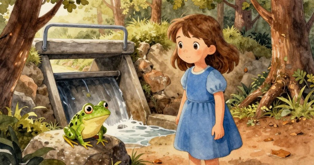 Willa 輕輕撥開落葉,旁邊青蛙在石緣間優雅起舞,畫面帶輕微扭曲效果展現奇妙自然