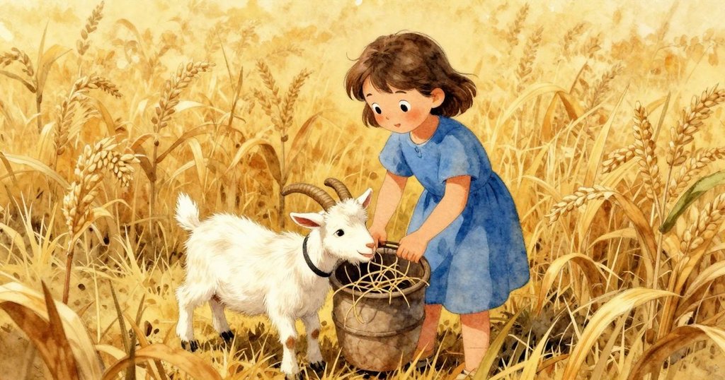 Willa 在金黃玉米田間幫助淘氣山羊解開金屬桶繩索,背景破舊圍欄映襯晨光,充滿鄉村氣息
