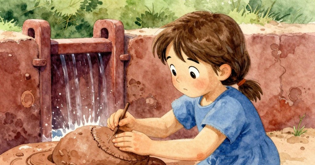 Willa 回到水閘邊發現陶片平躺,俯身觸摸深刻凹槽,神情沉思,背景水光微動展現發現感