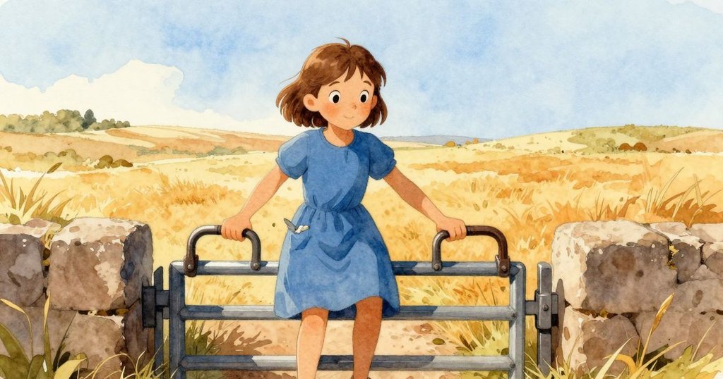 Willa 在高懸日光下將陶片收入口袋,拉起水閘手柄,邁出前行步伐,背景廣闊充滿新希望