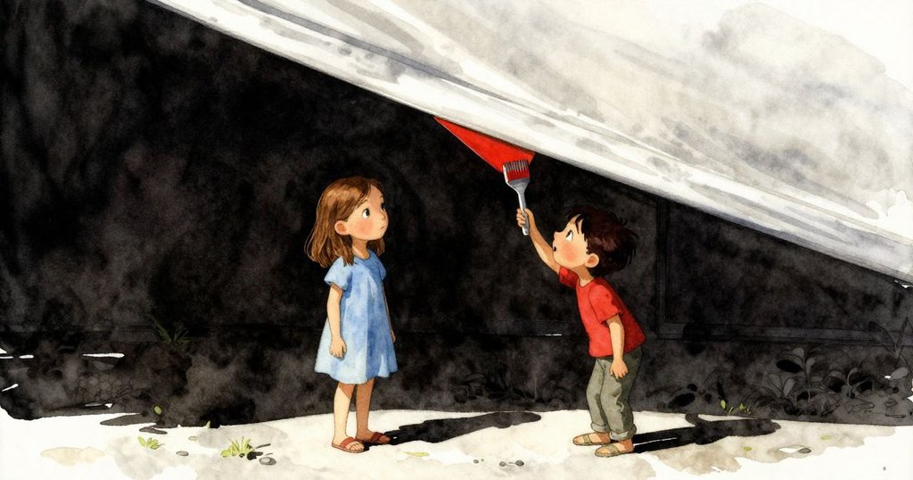 柯琳在傾斜帳篷下注視芬恩在石板上作畫，輪廓分明且充滿動感，陽光映襯故事開端