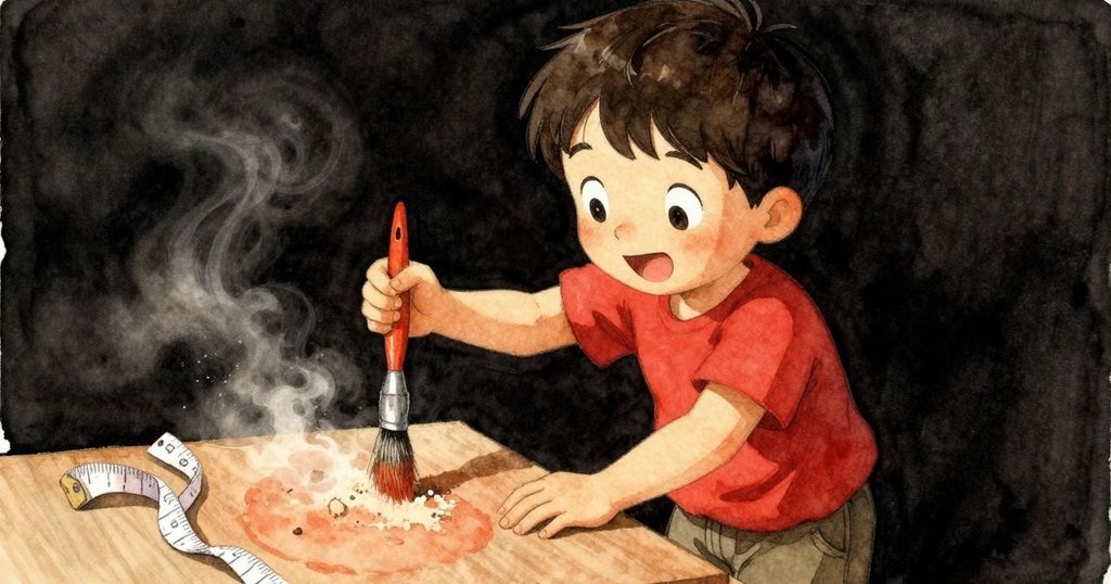 芬恩專注地用畫筆描繪石板，近距離展現塵土飛揚與測量帶輕擺，細節豐富呈現故事發展