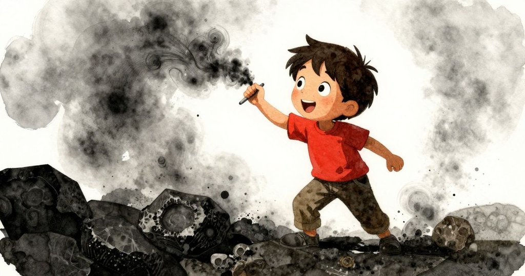 從一隻好奇生物視角看見芬恩在石板上作畫，塵土隨筆劃起舞，展現自然與動作交織的故事發展