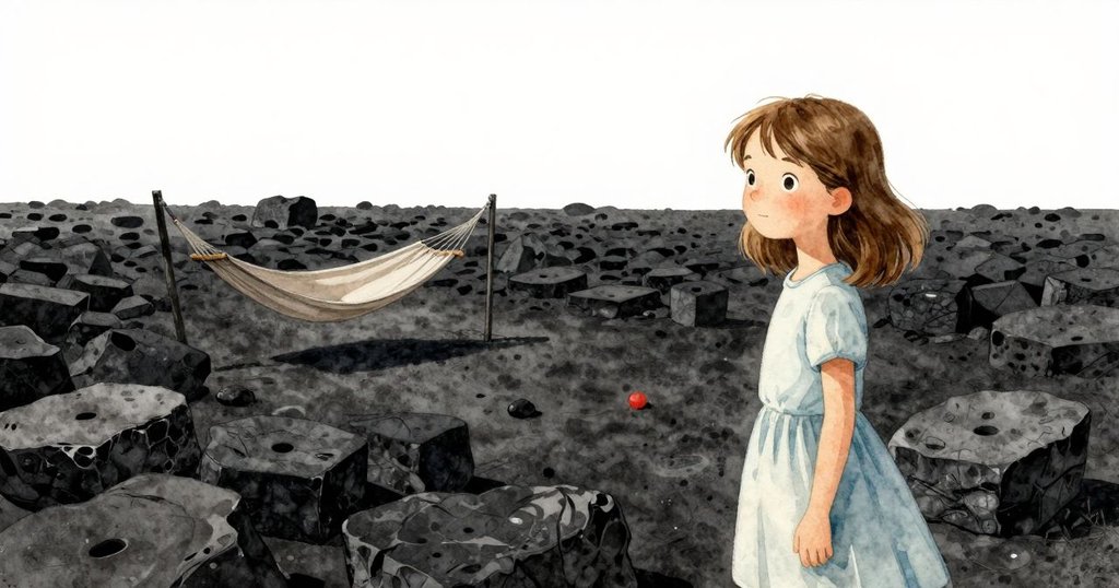 晨霧消散，午後暖陽灑落於石板上形成新紋理，柯琳靜觀光影變幻，呈現時間流逝的過程