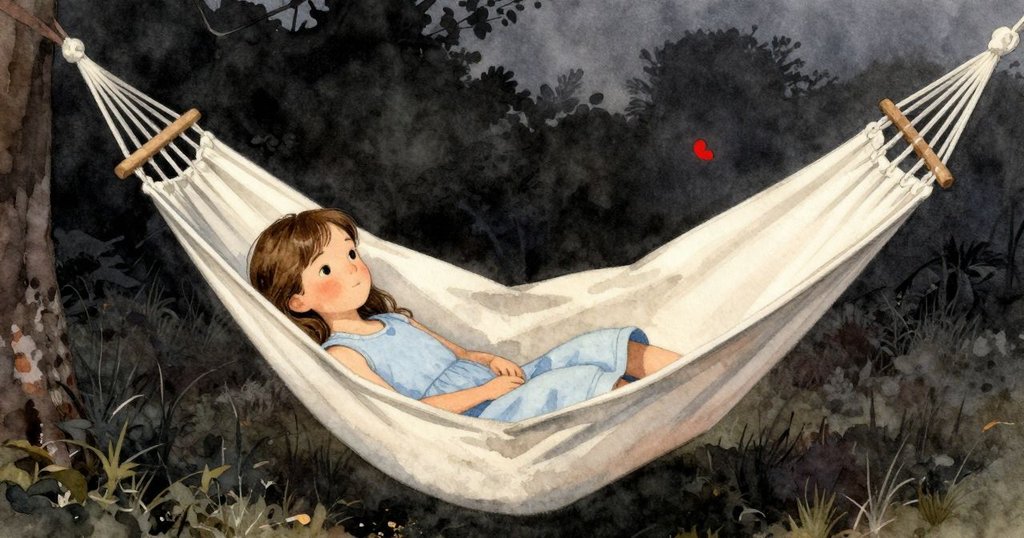 一天探索後柯琳在吊床上安睡，柔和微風搖曳畫布，臉上流露滿足與寧靜，故事進入平和結尾