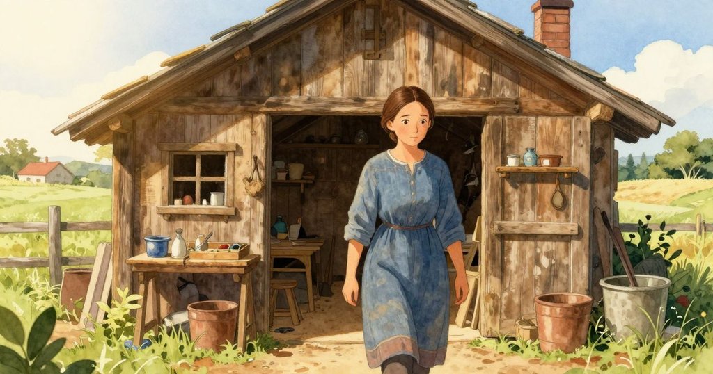 Yvette走向鄉村木屋工作室，晨光照耀下充滿溫暖與期待，背景綠意盎然，情緒平和。