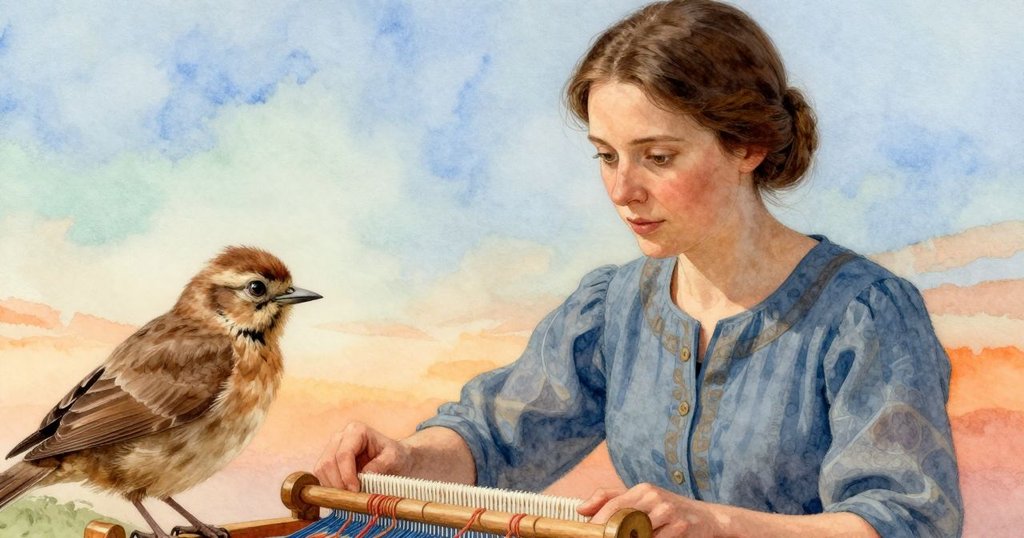 細緻展示工作室內布機橫梁與藍紅色羊毛紗線，溫暖光線中展現工藝細節，充滿藝術情懷。