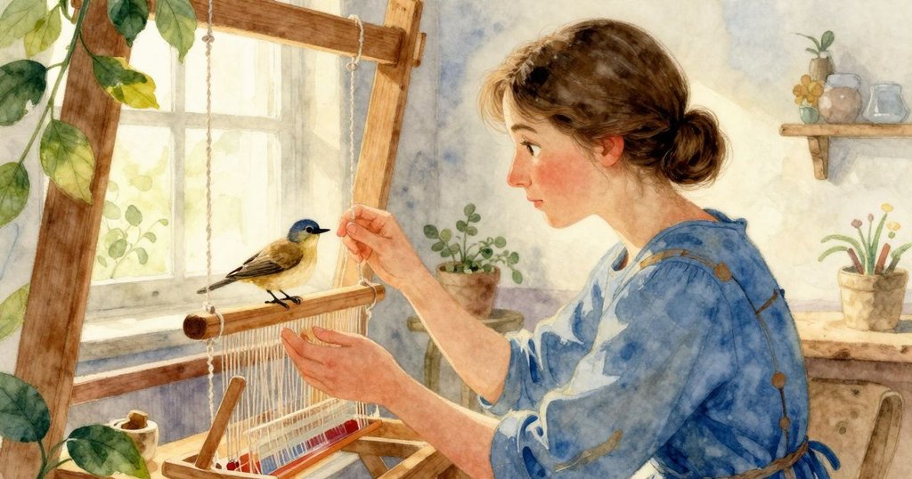 從Yvette背後視角看見她微笑注視機上小鳥，室內陽光溫柔灑落，情感真摯且充滿好奇。