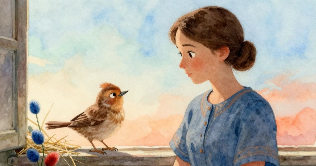 在窗台上，Yvette發現藍紅羊毛纖維與稻草混合，小鳥棲息其間，空間過渡間展現自然與工藝交織。