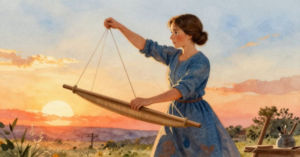 Yvette正充滿節奏感地投擲梭子，機上小鳥活躍跳躍，金色光線中展現動感與細膩情緒。