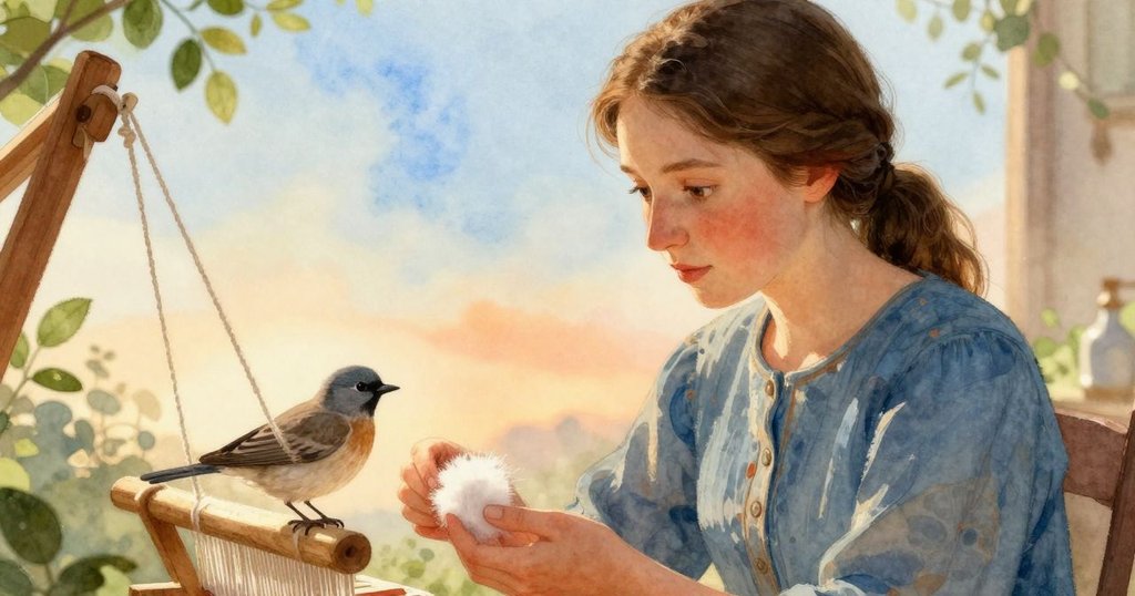 Yvette細心將羊毛纖維置於機上，鳥兒準確取下，溫暖光線中呈現彼此關懷與靜謐交匯。