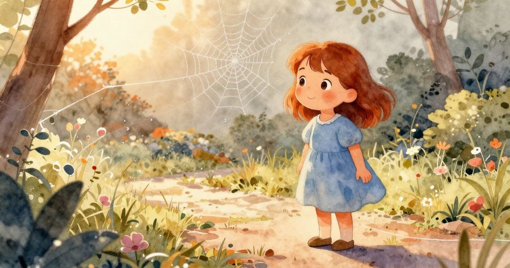 羅莎站在花園小徑上,由低太陽照亮的雪松與橡樹間蛛網閃爍露珠,散發溫暖光芒,充滿好奇