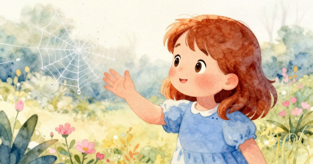 羅莎伸出手指輕觸蛛網上閃亮的露珠,背景簡約,展現寧靜與細膩好奇心