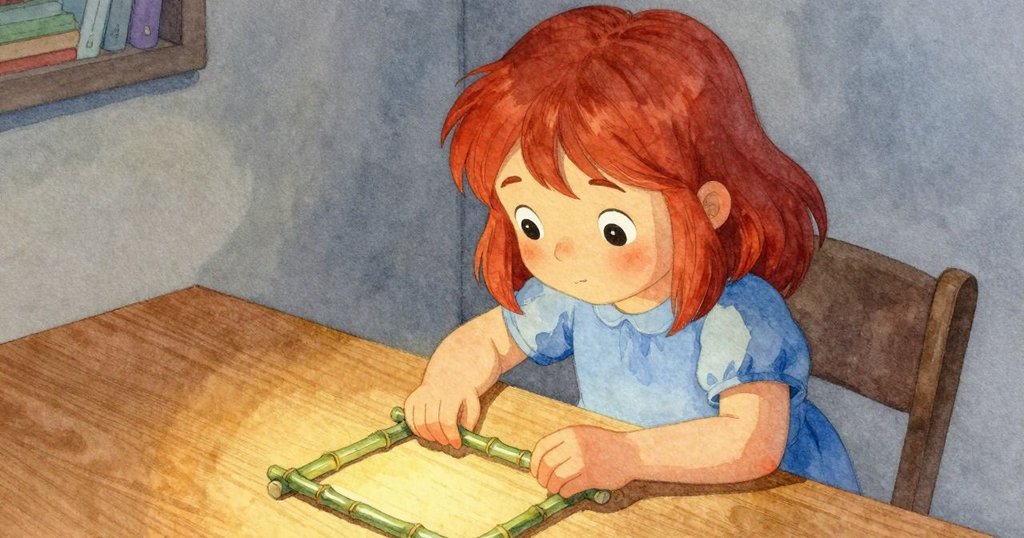 從上方俯視,羅莎專注於組裝竹製結構,燈光溫暖映照下她穩定地添加最後一個支撐,充滿創作感