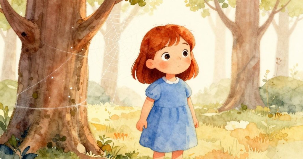 陽光穿透雲層,羅莎倚著雪松靜靜微笑,背景中重新閃爍的蛛網象徵永恆奇蹟,充滿寧靜美感