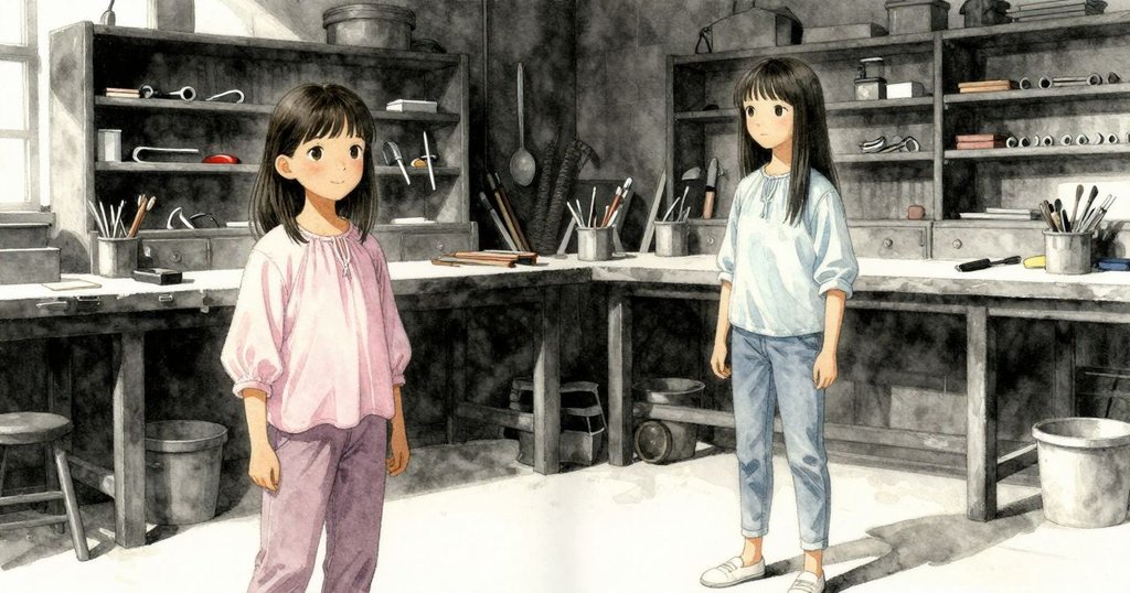 Nadia與Maren在寬敞工作室內互動，空洞工具架彰顯缺失寬梳印記，環境明亮溫暖，故事剛開始。