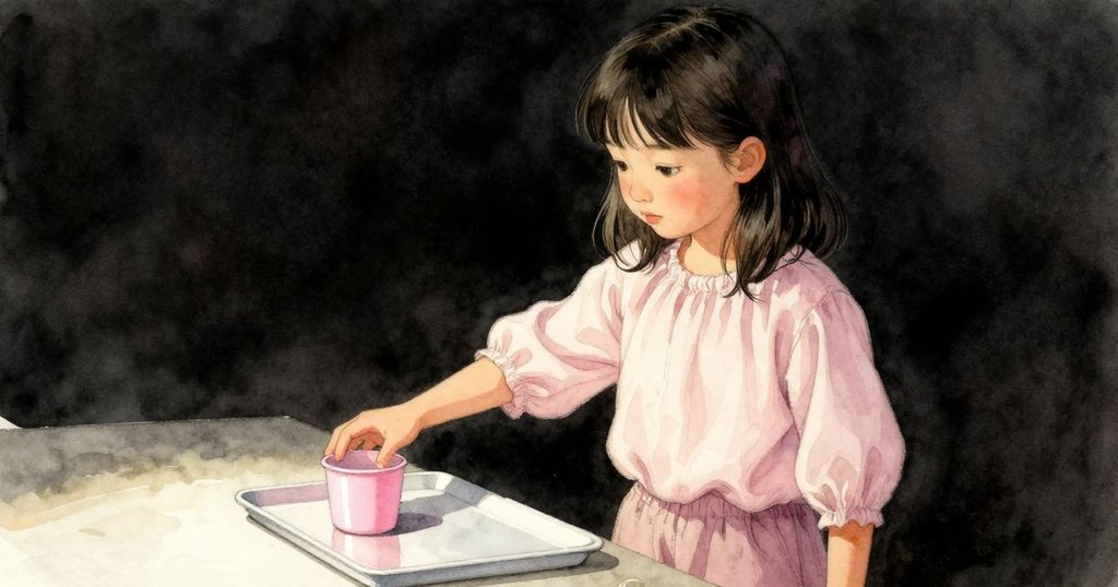 Nadia小心擺放淡粉色油漆杯和鏡面托盤，細節豐富，展現創作氣氛，情感微妙。